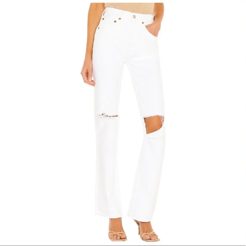 Re/Done Originals 90s High Rise Loose in White Denim With Rips Size 30 NWT